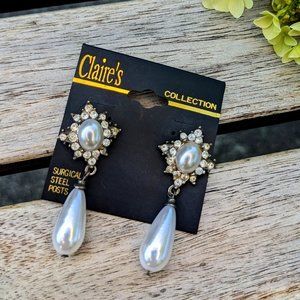 Vintage 90s Claire's Pearl & Rhinestone Drop Earrings w Surgical Steel Posts
